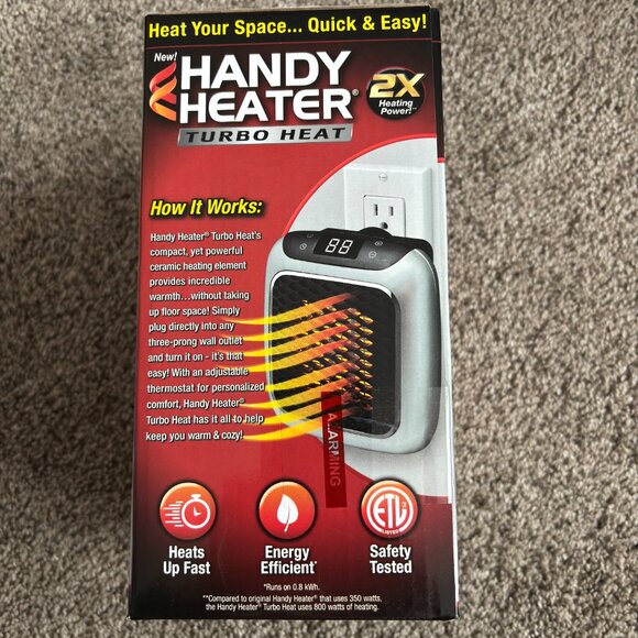 New Handy Heater TURBO HEAT Powerful 800 Wat Wall Outlet Heater Energy Efficient - Picture 2 of 4